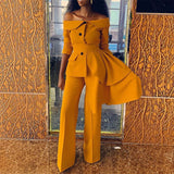 Kukombo Two Piece Elegant Work Suits Off Shoulder Blazer Top & Regular Pants Set