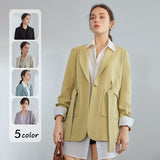 Kukombo Lady Belt Casual Black Blazer Women Solid Long Sleeve Oversized Blazer Yellow Jacket Female Elegant Business Coat