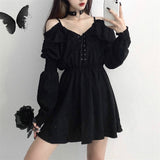 Kukombo Graduation Gift Big Sale Gothic Black Dress Women Casual Button Lace Evening Party Sexy Mini Dress Female Long Sleeve One-piece Dress Korean spring K48