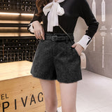 Kukombo  Khaki Gray Black Outerwear Warm Shorts With Belt A-line Short Femme New Autumn Winter High Waist Wide Leg Woolen Shorts Women