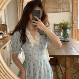 Kukombo  Vintage Floral Dress Women Elegant Lace Chiffon Korean Party Dress Puff Sleeve V Neck Midi Dress Fall Dresses for Women 2022