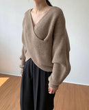 Kukombo Criss-Cross Sweater Khaki Fall 2022 Women Clothing Beige Korean Style Loose Pullovers Fashion Casual Raglan Sleeve Tops