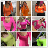 Kukombo Long Sleeve Cotton Basic Tees Neon Orange Green Regular Natural Tops 2022 Spring Casual T Shirt Bodycon T-Shirts Outfits