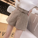 Kukombo  Khaki Gray Black Outerwear Warm Shorts With Belt A-line Short Femme New Autumn Winter High Waist Wide Leg Woolen Shorts Women