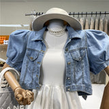 Kukombo  Korea Fashion Women Blue Denim T-Shirt Tops Casual Loose Summer Female Vintage puff sleeve Lantern Sleeve Buttons