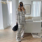 Kukombo Casual Print High Waist Pants Sets Women Elegant Loose Long Sleeve Blouse Home Two Piece Set Fashion Wide Trouser Suits