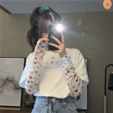 Kukombo Women Long Sleeve T-Shirts Spring Patch Designs Printed Sweat Fresh Korean Fashion Leisure Preppy Style Loose Teens BF Ins New