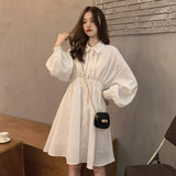 Kukombo Shirt Dress Women Korean Style Polo Collar Black Long Sleeve Wrap Mini Dress Casual Solid Kpop Clothes Woman 2022