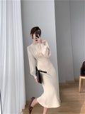 Kukombo Soft Elegant Women Knitted Dresses 2022 New V-Neck Korean Style High Waist Warm Lady Long Dresses Female Clothing