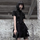 Kukombo Goth Dress Punk Gothic Harajuku Summer Black Mini Dress Shirt Women 2022 Short Sleeve Emo Clothes Mall Goth Dark Academia