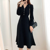 Kukombo Graduation Gift Big Sale  Vintage One Piece Korean Pleated Dress Long Sleeve Slim Woman Sweater Dresses Knitted Elegant Midi Party Woman Dress Autumn