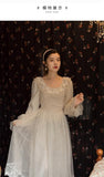 Kukombo Organza Lace Ruffled Shoulder Victorian Long Literary Retro Fairy Dress Robe