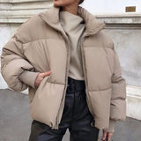 Kukombo Fashion Stand Collar Parkas Women Thick Warm Winter Bubble Coats Female Khaki Jackets Pockets Zipper Simple Overcoats