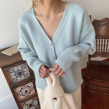 Kukombo Cardigan Women Sweater Korean Fashion Blue V-Neck Knitted Lady Clothes Solid Casual Pink Warm Loose Coat 2022 Spring