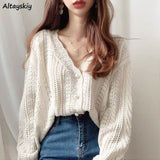 Kukombo Cardigan Women Elegant Spring Hollow Out Chic Long Sleeve Loose V-Neck Feminine Tender Green White Street Outerwear Cozy New Ins