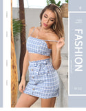 Kukombo Dress Sets Preppy Style  Plaid Sleeveless Strapless Ribbons  Pockets Ekastic Waist Above Knee,mini  Summer Women's Clothing