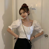 Kukombo Blouses Women Summer Puff-Sleeve Crop-Top Backless Sexy Club Pleated Solid Elegant Sweet Girls Bow Lace-Up Korean Style Blusas