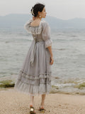 Kukombo Back to school outfit Cottage Style Gray Lace Fairy Dress Summer Vintage Royal Flare Sleeve Square Collar Gorgeous Princess Dresses Tulle Vestido