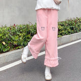 Kukombo Japanese Cute Corduroy Pants Women College Style Casual Pants Female Summer Korean Loose Cartoon Embroidery Trousers