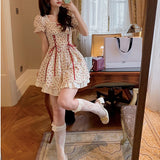 Kukombo Summer Patchwork Kawaii Dress Women Lace Up Japanese Sweet Party Mini Dress Short Sleeve Princess Chic Korean Bandage Dress 2022