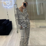 Kukombo Casual Print High Waist Pants Sets Women Elegant Loose Long Sleeve Blouse Home Two Piece Set Fashion Wide Trouser Suits