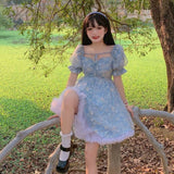 Kukombo 2022 Print Sweet Kawaii Mini Dress Women Japanese Vintage Cute Blue Lace-up Dress French Princess Sequin Puff Sleeve Fairy Dress