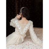 Kukombo Organza Lace Ruffled Shoulder Victorian Long Literary Retro Fairy Dress Robe