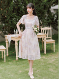 Kukombo Sweet Floral Fairy Dress Women Summer 2022 New French Retro Square Collar Chic Flare Sleeve Lace Hollow Elegant Gentle Vestido