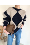 Kukombo Argyle Sweater Patchwork Pullovers 2022 Spring Women Clothing Vintage Knitted Fashion O-Neck Black Casual Long Sleeve