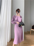 Kukombo Soft Elegant Women Knitted Dresses 2022 New V-Neck Korean Style High Waist Warm Lady Long Dresses Female Clothing