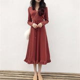 Kukombo Long Sleeve Dress Women Chic Ruffles Lace-Up High-Waist Elegant Vintage Dresses Ladies Slim Solid Simple Korean V-Neck Trendy