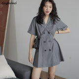 Kukombo Women Short Sleeve Dress High Quality Button Up Notched A-Line Mini Pleated Dresses Sexy All-Match Retro Elegant Female Ulzzang