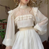 Kukombo Organza Lace Ruffled Shoulder Victorian Long Literary Retro Fairy Dress Robe