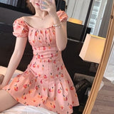 Kukombo Pink Elegant Kawaii Dress Women Floral Print Cherry Mini Dress Female Casual Sweet Japan Korean Style Summer Dress Women 2023