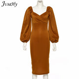 Christmas Gift JusaHy Elegant Pure Color Latern Sleeves Bodycon Dress for Women Party Clubwear Formal Midi dresses Mujer Casual Streetwear Hot