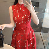 Kukombo Vintage Red Lace Dress Women Sleeveless Spring High Waisted Bodycon Dress Ladies Hollow Out Runway Party Clothing Woman