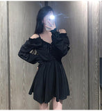 Kukombo Graduation Gift Big Sale Gothic Black Dress Women Casual Button Lace Evening Party Sexy Mini Dress Female Long Sleeve One-piece Dress Korean spring K48