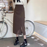 Kukombo Midi Skirts Women Korean Style Solid Ladies Design Temperament Autumn Feminino Side-Slit All-Match Leisure New College Empire