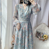 Kukombo  JuneLove New Spring Women V-neck Elegant Lace Print Dress Lady Long Sleeve Floral Dress Female High Waist French Retro Vestidos