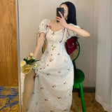 Kukombo  French Sweet Fairy Dress Summer Floral Women Vintage Split Dress Kawaii Korean Style Casual Party Evening Elegant Dress 2022 Y2k