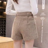 Kukombo  Khaki Gray Black Outerwear Warm Shorts With Belt A-line Short Femme New Autumn Winter High Waist Wide Leg Woolen Shorts Women