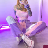 Kukombo  2022 New hip hop autumn Blue/Pink patchwork Jeans women High waist Hip hop straight Jeans ladies trousers female denim for woman