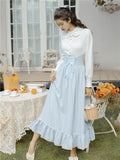 Kukombo Back to school outfit Modern Vintage Style Outfits Sweet Peter Pan Collar Lantern Sleeve White Blouse Lady Shirt & Light Blue Long Skirt Princess Suit