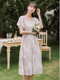 Kukombo Sweet Floral Fairy Dress Women Summer 2022 New French Retro Square Collar Chic Flare Sleeve Lace Hollow Elegant Gentle Vestido