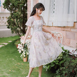 Kukombo Sweet Floral Fairy Dress Women Summer 2022 New French Retro Square Collar Chic Flare Sleeve Lace Hollow Elegant Gentle Vestido