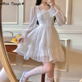 Kukombo  Autumn White Sweet Fairy Dress Women Bow Princess Kawaii Party Mini Dress Female Casual Korean Fashion Lolita Dress 2022 New