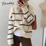 Kukombo Womens Winter Sweaters Striped Knitted Pullovers Black Beige Loose Fashion Casual Jumpers O-Neck Korean New Long Sleeve