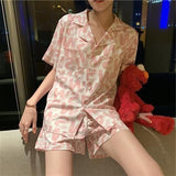 Christmas Gift Pajama Sets Women Plaid Classic Retro Turn Down Collar Short Sleeve Loose Preppy Style Cozy Students Sleepwear Home Female Lady