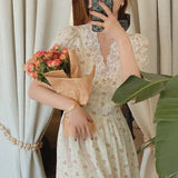 Kukombo  Vintage Floral Dress Women Elegant Lace Chiffon Korean Party Dress Puff Sleeve V Neck Midi Dress Fall Dresses for Women 2022