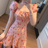 Kukombo Pink Elegant Kawaii Dress Women Floral Print Cherry Mini Dress Female Casual Sweet Japan Korean Style Summer Dress Women 2023